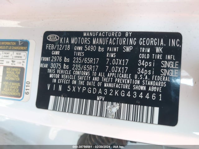 KIA Sorento 2.4l Lx 2019 5XYPGDA32KG434461 Image 9