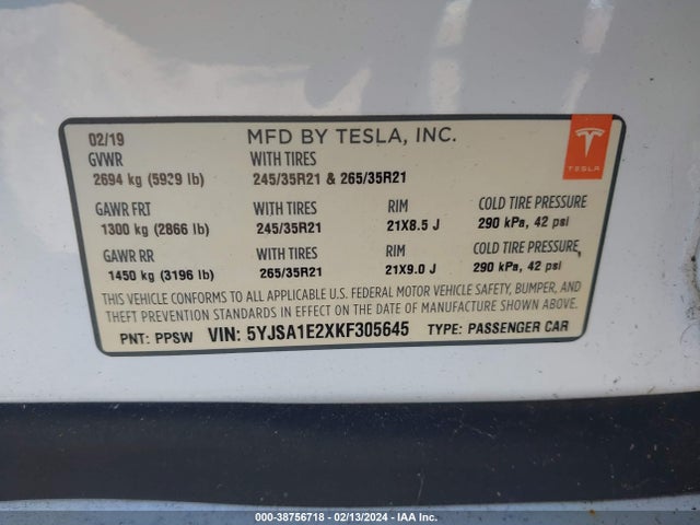 Tesla Model S 100d/75d/long Range/standard Range 2019 5YJSA1E2XKF305645 Image 9
