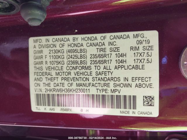 2HKRW6H36KH230011 Honda CR-V LX