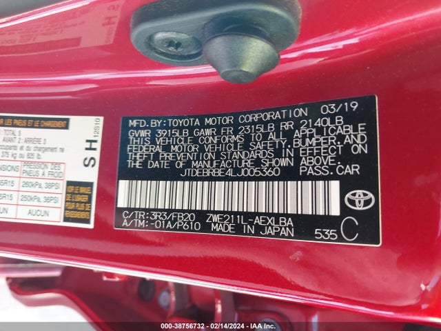 Toyota Corolla Hybrid Le 2020 JTDEBRBE4LJ005360 Image 9