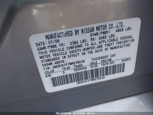 2008 INFINITI G35X VIN: JNKBV61F78M278039