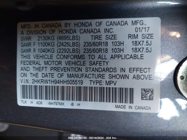 Honda Cr-v Touring 2017 2HKRW1H94HH505519 Image 9