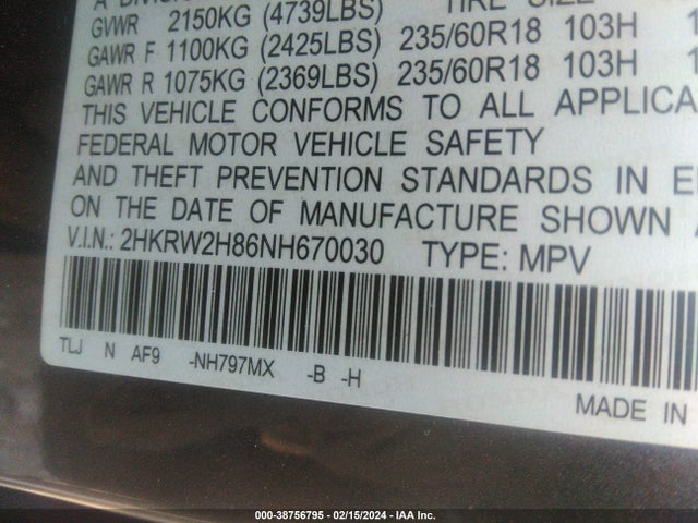 Honda Cr-v Awd Ex-l 2022 2HKRW2H86NH670030 Image 9