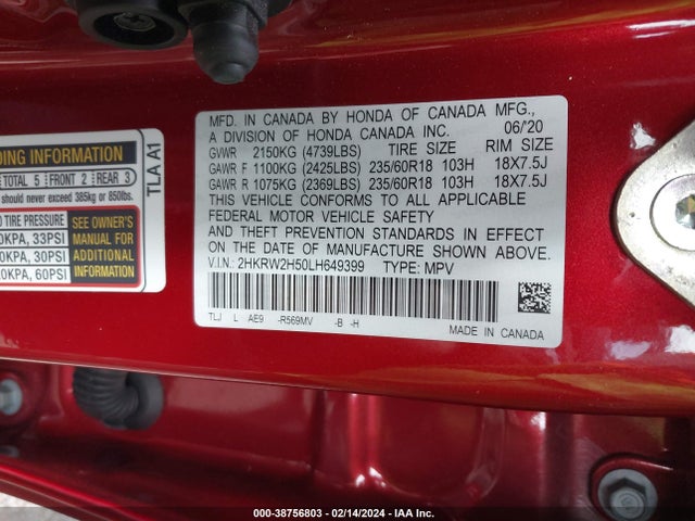 Honda Cr-v Awd Ex 2020 2HKRW2H50LH649399 Image 9