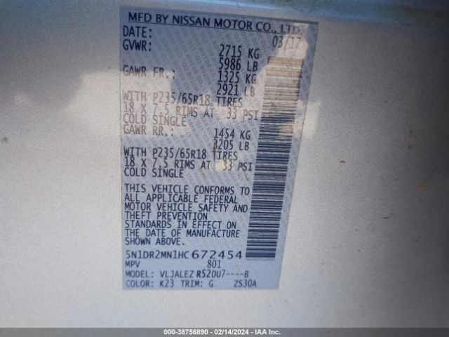 5N1DR2MN1HC672454 Nissan Pathfinder Sv