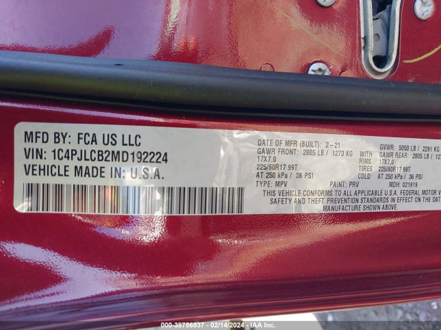 1C4PJLCB2MD192224 Jeep Cherokee Latitude Fwd