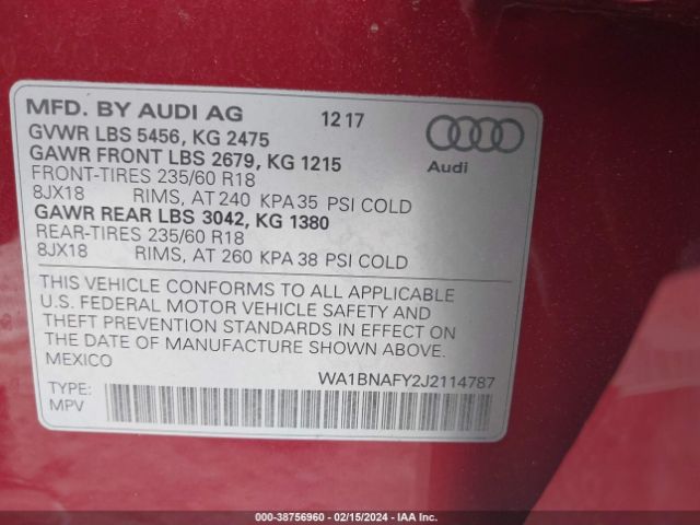 WA1BNAFY2J2114787 Audi Q5 2.0t Premium/2.0t Tech Premium