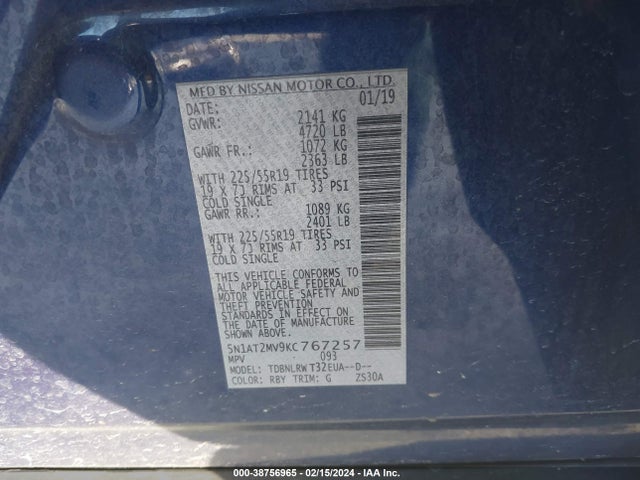 Nissan Rogue Sl 2019 5N1AT2MV9KC767257 Image 9