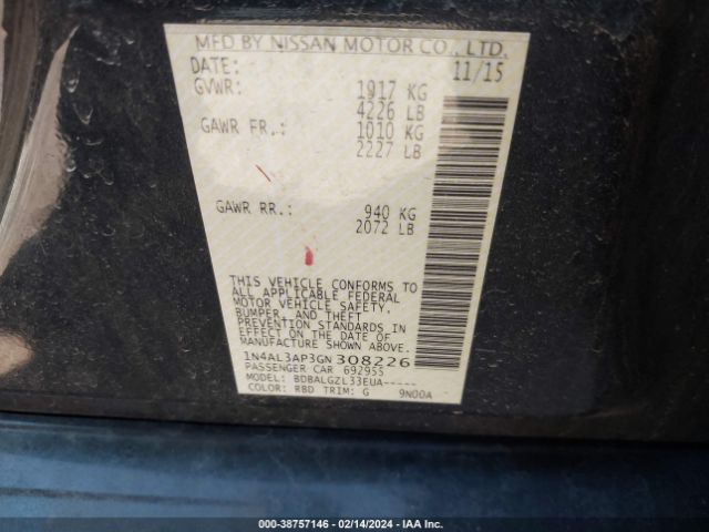 1N4AL3AP3GN308226 Nissan Altima 2.5/2.5 S/2.5 Sl/2.5 Sr/2.5 Sv