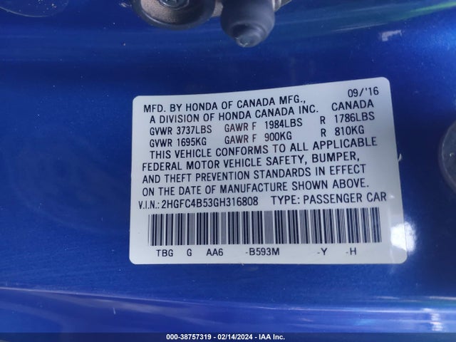 Honda Civic Lx 2016 2HGFC4B53GH316808 Image 9