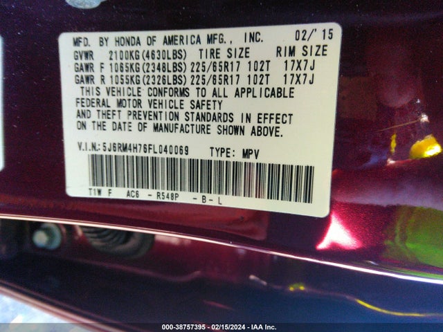 Honda Cr-v Ex-l 2015 5J6RM4H76FL040069 Image 9
