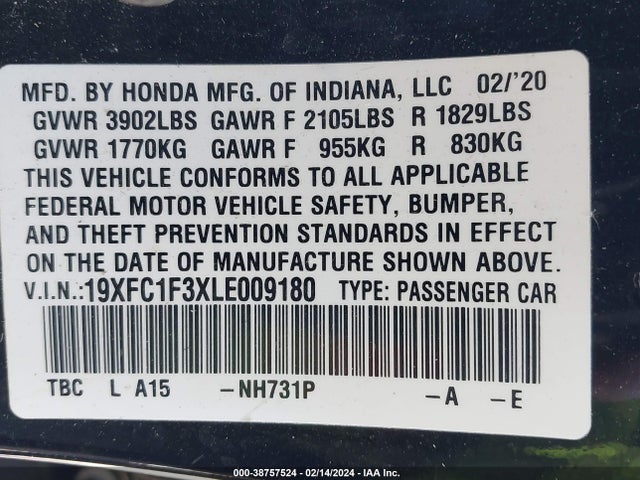 Honda CIVIC EX 2020 19XFC1F3XLE009180 Image 9