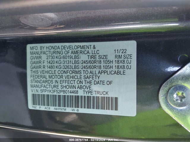 Honda Ridgeline Rtl 2023 5FPYK3F52PB014468 Image 9