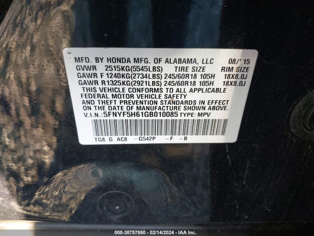 Honda Pilot Ex-l 2016 5FNYF5H61GB010085 Image 9