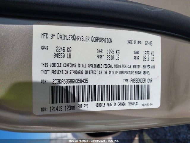 2006 CHRYSLER 300 TOURING VIN: 2C3KA53G86H358435
