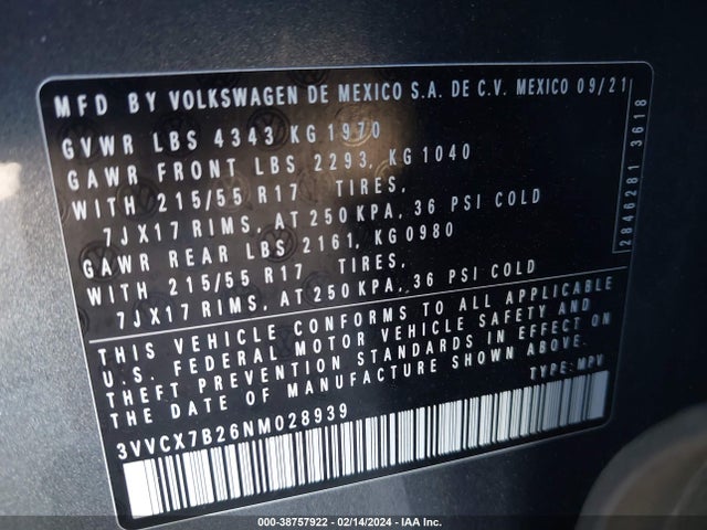3VVCX7B26NM028939 Volkswagen Taos 1.5t S