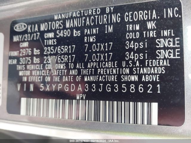 5XYPGDA33JG358621 KIA Sorento 2.4l Lx