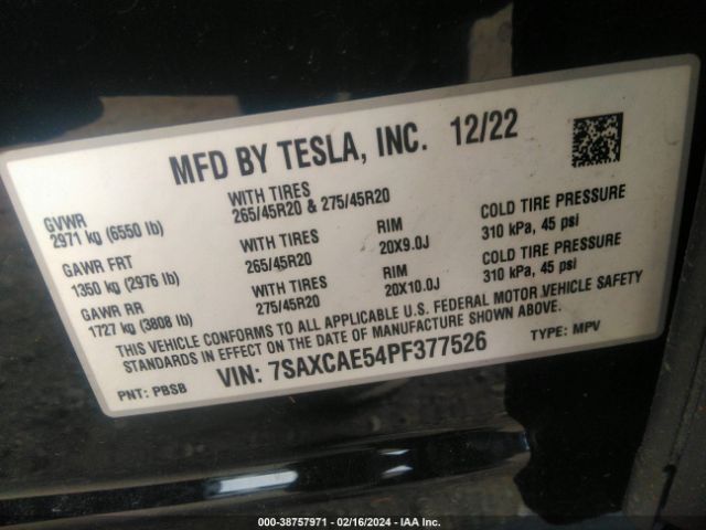 7SAXCAE54PF377526 Tesla Model X Dual Motor All-wheel Drive/standard Range