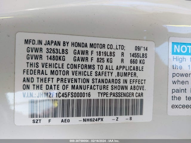 Honda CR-Z 2015 JHMZF1C45FS000016 Image 9