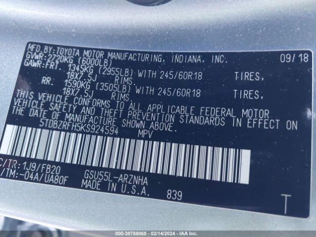 5TDBZRFH5KS924594 Toyota Highlander Le