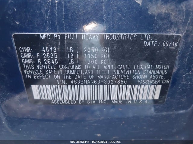 Subaru Legacy 2.5i Limited 2017 4S3BNAN63H3027880 Image 9