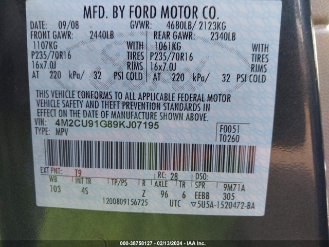 2009 MERCURY MARINER V6 VIN: 4M2CU91G89KJ07195