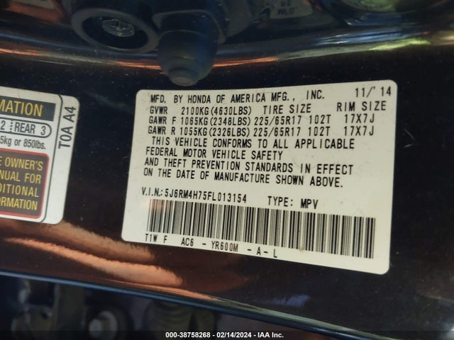 Honda Cr-v Ex-l 2015 5J6RM4H75FL013154 Image 9