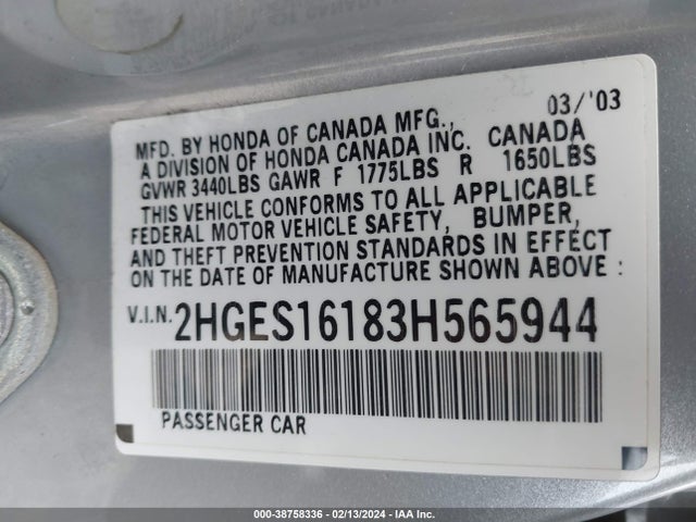 2003 HONDA CIVIC DX VIN: 2HGES16183H565944
