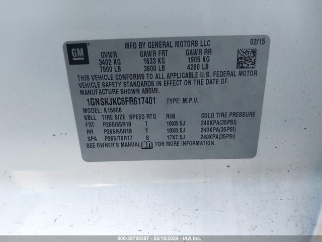 Chevrolet Suburban 1500 Lt 2015 1GNSKJKC6FR617401 Image 9