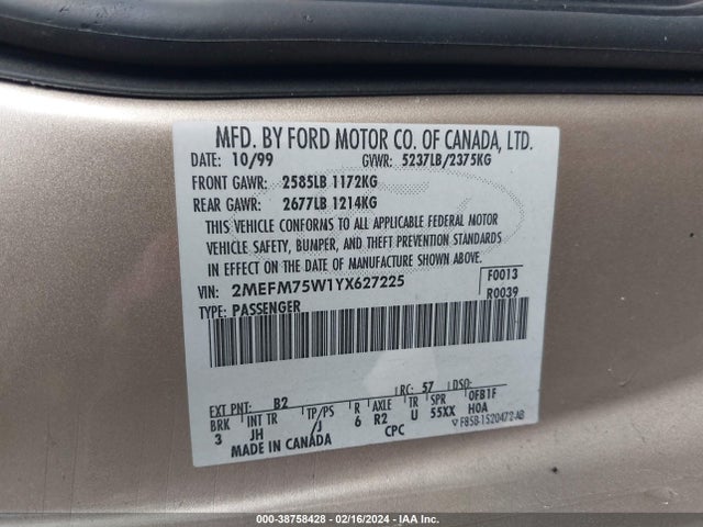 2000 MERCURY GRAND MARQUIS LS VIN: 2MEFM75W1YX627225