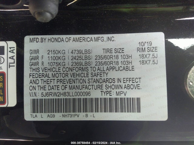 Honda Cr-v Awd Ex-l 2020 5J6RW2H83LL000096 Image 9