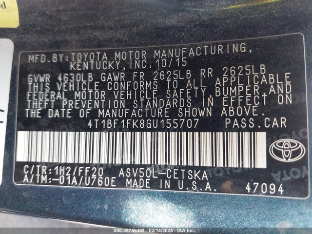 Toyota CAMRY SE 2016 4T1BF1FK8GU155707 Image 9