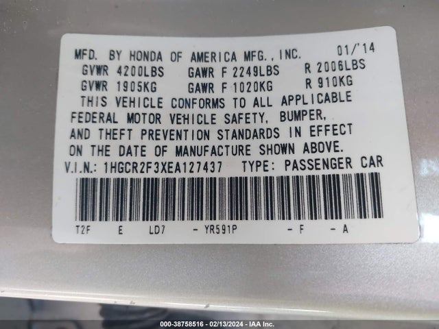 Honda ACCORD LX 2014 1HGCR2F3XEA127437 Image 9