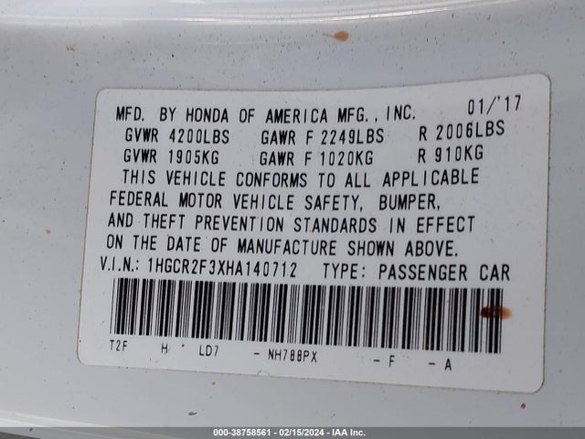 Honda ACCORD LX 2017 1HGCR2F3XHA140712 Image 9