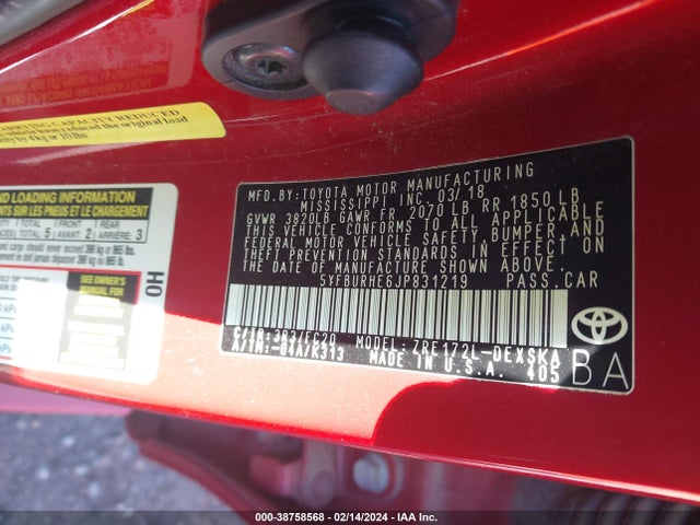 Toyota COROLLA SE 2018 5YFBURHE6JP831219 Image 9