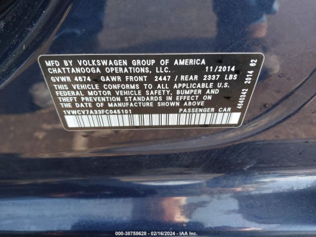 1VWCV7A33FC045101 Volkswagen Passat 2.0l Tdi Sel Premium