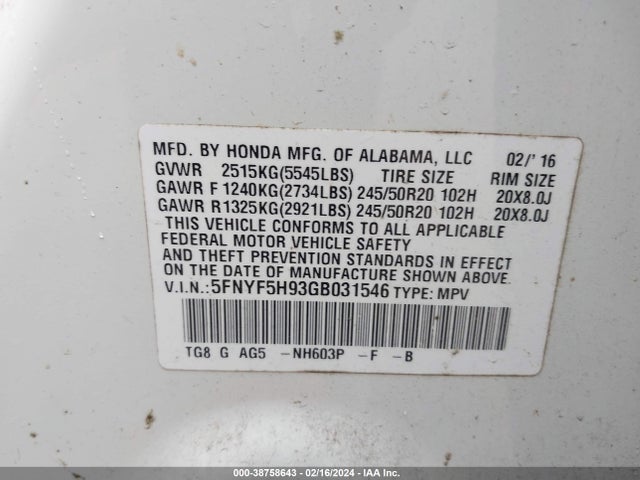 Honda Pilot Touring 2016 5FNYF5H93GB031546 Image 9