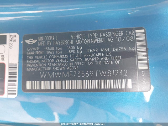 2009 MINI COOPER S WMWMF73569TW81242 Photo 8
