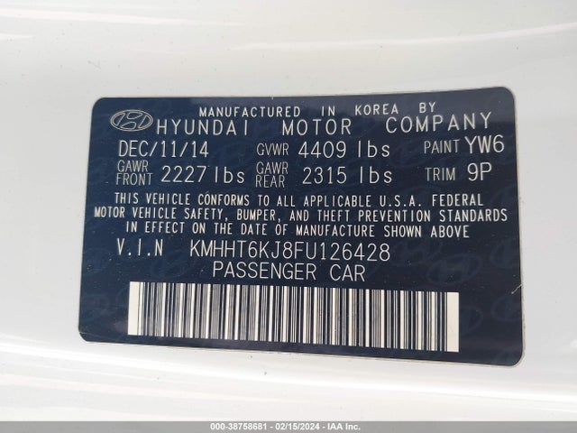 Hyundai Genesis 3.8 Base 2015 KMHHT6KJ8FU126428 Image 9