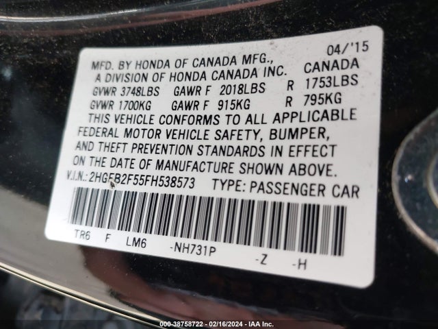 Honda Civic Lx 2015 2HGFB2F55FH538573 Image 9