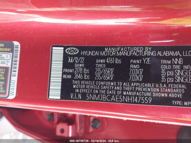 Hyundai TUCSON SEL 2022 5NMJBCAE5NH147559 Image 8