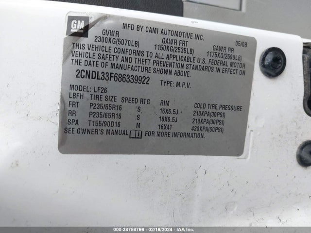 2008 CHEVROLET EQUINOX LT VIN: 2CNDL33F686339922