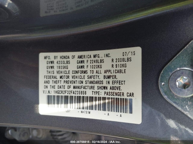 Honda ACCORD LX 2015 1HGCR2F32FA235956 Image 9
