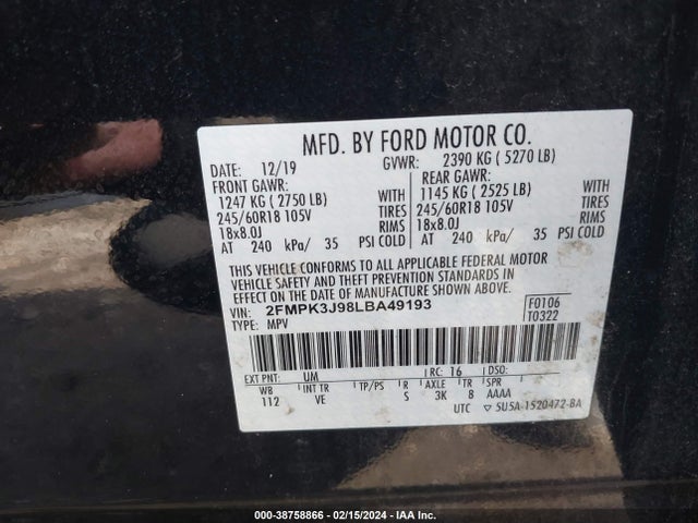 Ford EDGE SEL 2020 2FMPK3J98LBA49193 Image 9