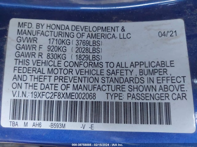 Honda Civic Sport 2021 19XFC2F8XME002068 Image 9