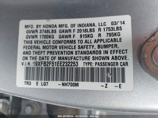 Honda Civic Lx 2014 19XFB2F51EE232253 Image 9
