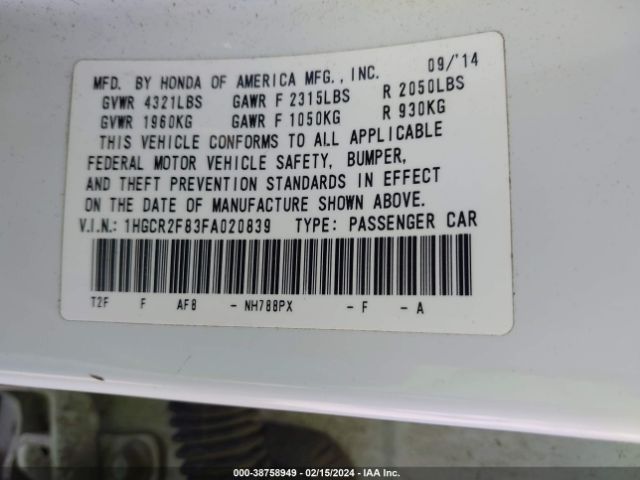 1HGCR2F83FA020839 Honda Accord Ex-l