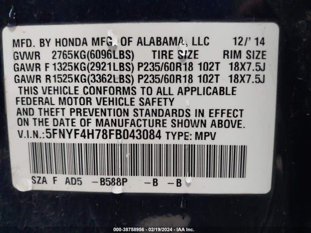Honda Pilot Ex-l 2015 5FNYF4H78FB043084 Image 9