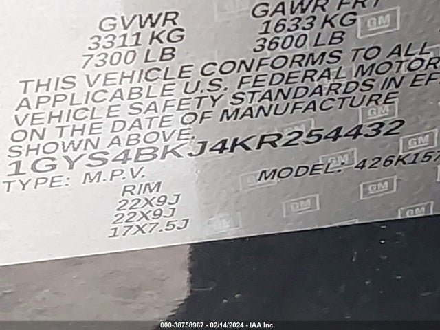 1GYS4BKJ4KR254432 Cadillac Escalade Luxury