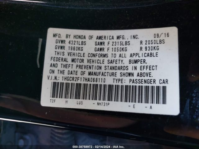 1HGCR2F17HA068110 Honda Accord Sport Se